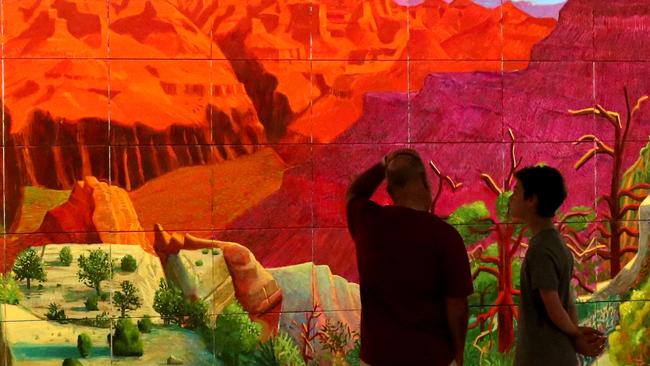 David Hockney's "A Grander Canyon" on display in the newly redesigned and rehung International galleries upstairs at the National Gallery of Australia in Canberra.