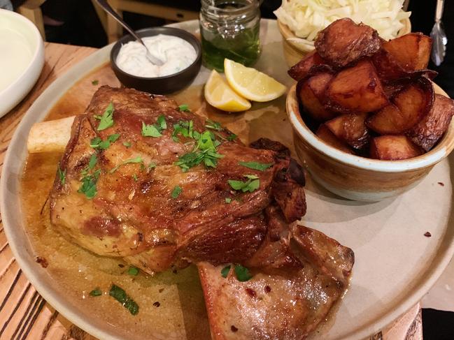 Six-hour spit-roasted lamb shoulder with duckfat potatoes, at Agapi Greek Restaurant, Hyde Park