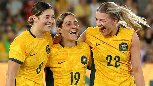 MELBOURNE, AUSTRALIA - Matildas’ Kyra Cooney-Cross, Katrina Gorry and Charli Grant at the 2023 World Cup. Photo by Robert Cianflone/Getty Images