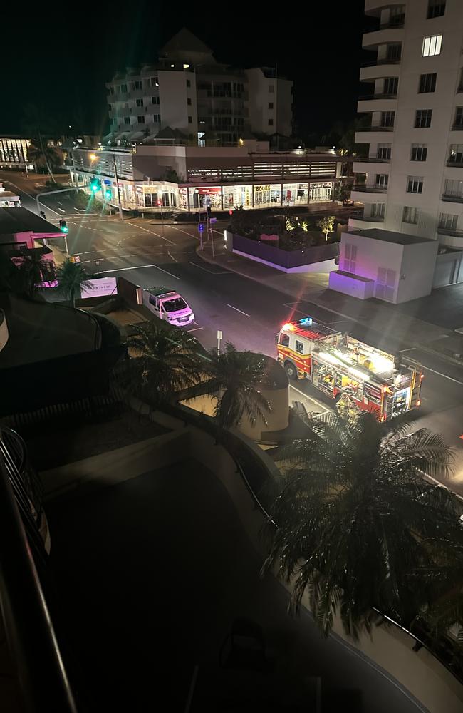 Fire crews and police on scene at the busy tourist hub at Mooloolaba on Tuesday night. Picture: Contributed