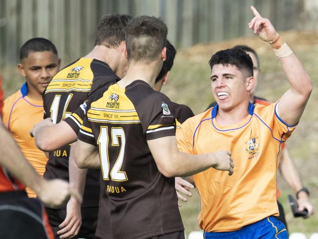 AIC First XV schoolboy rugby. Marist College Ashgrove vs Padua College. Marist #12 Ky Rashleigh celebrates a try.  5 September, 2020. Picture: Renae Droop