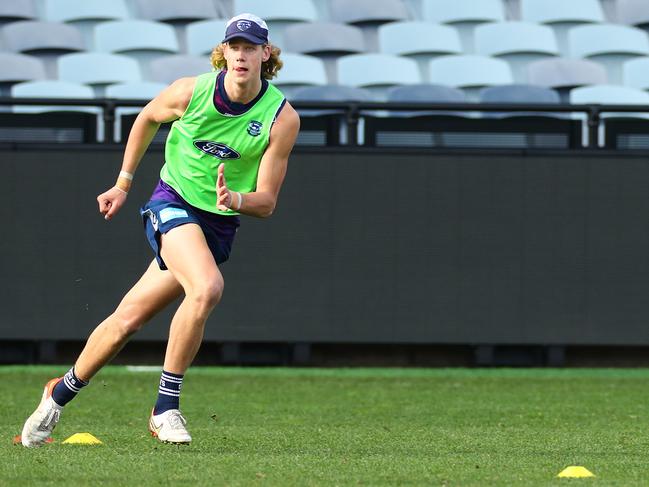 Sam De Koning on the move at training. Picture: Alison Wynd