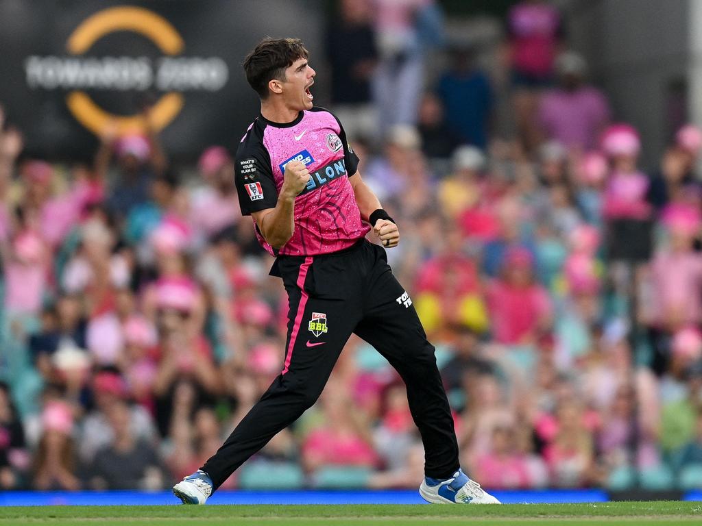 Sydney’s Sean Abbott celebrates the wicket of Brisbane’s Jimmy Peirson during the BBL final. Picture: AFP