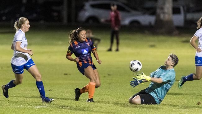 A South Toowoomba Hawks Lady Hawks strike from Charlotte Weinand is saved by Rockville Rovers goal keeper Kirsty Otoole. Picture: Kevin Farmer