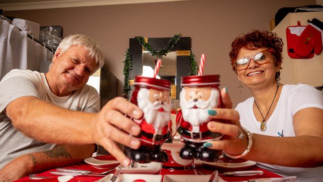 Kathryn and Neil Bensley recently moved to the NT from NSW. They've done up their cabin with Christmas decorations as they spend their first Christmas in the Territory. Picture: Che Chorley