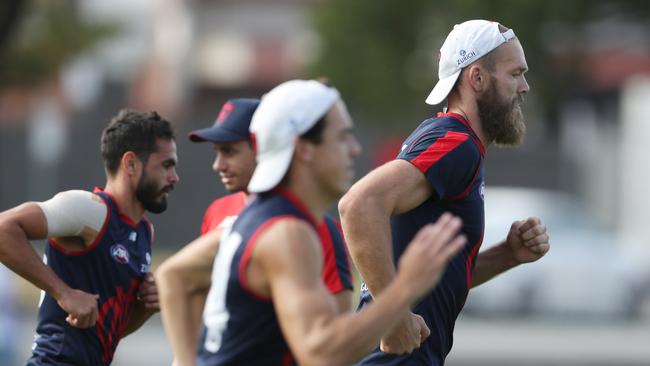 Max Gawn leads the way at Melbourne training ahead of its clash with the Saints.