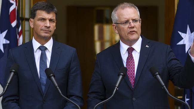 Scott Morrison addresses the media with Energy Minister Angus Taylor. Picture: AAP Image/Lukas Coch