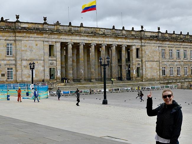 Travel writer Sarah Duncan at Bogota's Plaza Bolivar in Colombia, a popular tourist spot. Source: www.sarepa.com