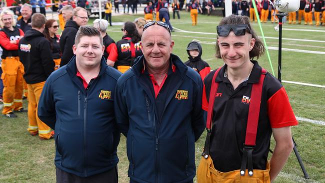 Volunteer firefighters Joshua Turner, Todd Bennetto, and Josh Bennetto at the 2024 State Firefighter Championships held at Invermay. Picture: Stephanie Dalton