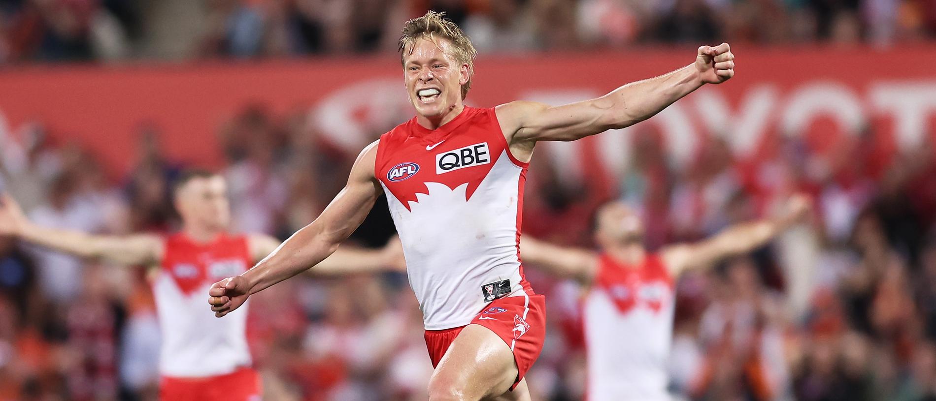 SYDNEY, AUSTRALIA - SEPTEMBER 07:  Isaac Heeney of the Swans celebrates a goal during the AFL First Qualifying Final match between Sydney Swans and Greater Western Sydney Giants at Sydney Cricket Ground, on September 07, 2024, in Sydney, Australia. (Photo by Matt King/AFL Photos/via Getty Images)