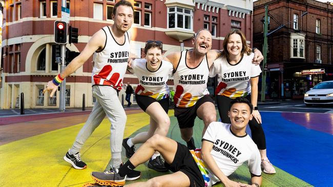 One of the oldest running groups of Sydney, The Sydney Frontrunners, pose up before the big day. Denis Dimitrov, Rachel Power, Rob Roelofs, Courtney Regan and front Stephen Kung. Picture: Monique Harmer