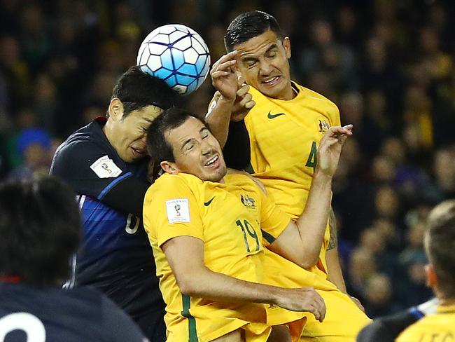 Cahill soars against Japan. Picture: George Salpigtidis