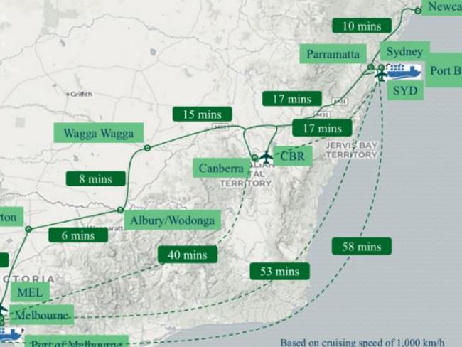 Hyperloop One’s proposed routes and times, based on a cruising speed of 1000km/h. Picture: Hyperloop One