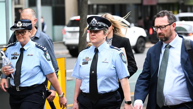 Senior Sergeant Kirsty Gleeson (centre) gave evidence of her walk-through of the Trains’ property following the shooting. Picture: NewsWire