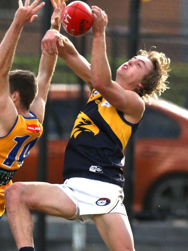 NFL footy: Macleod v Whittlesea Brody Bell attempts to mark for Whittlesea. Picture: Stuart Milligan