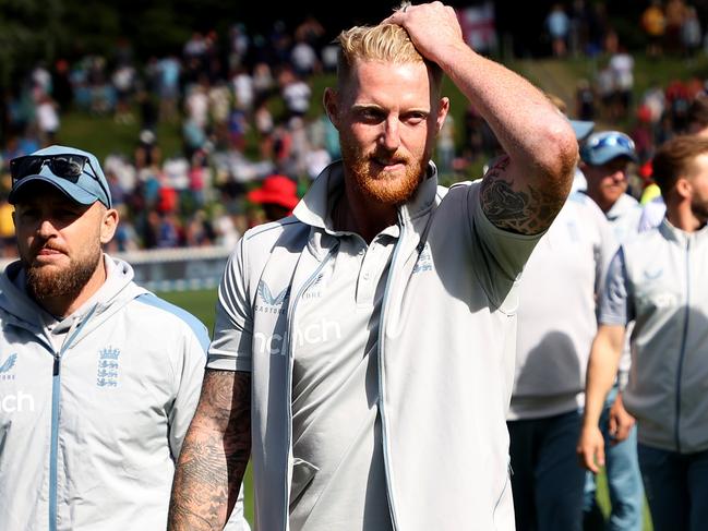 WELLINGTON, NEW ZEALAND - FEBRUARY 28: England coach Brendon McCullum and captain Ben Stokes leave the field at the end day five of the Second Test Match between New Zealand and England at Basin Reserve on February 28, 2023 in Wellington, New Zealand. (Photo by Phil Walter/Getty Images)