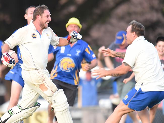 Matthew Chasemore takes off like a man with his pants on fire after hitting the winning runs for Cranbourne in a classic grand final against Springvale South.