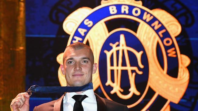 Richmond midfielder and Brownlow Medallist Dustin Martin poses a double-challenge to the Crows in Saturday’s AFL grand final as a midfielder and selfless forward. Picture: Quinn Rooney (Getty Images)