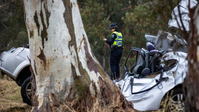 Police at the scene at a serious crash on Montacute Rd, Athelstone. Picture: Tom Huntley