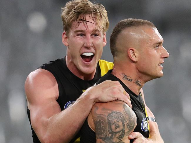 AFL Round 1. Richmond vs Carlton at the MCG..  20/03/2020.   Dustin Martin of the Tigers celebrates a 2nd goal with Tom Lynch  . Pic: Michael Klein