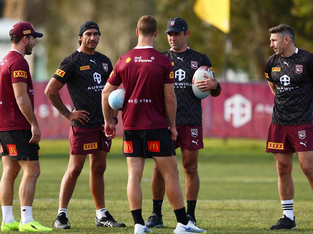 Johnathan Thurston, Cameron Smith and head coach Billy Slater will face the press in lieu of the players for the next week. Picture: Chris Hyde/Getty Images