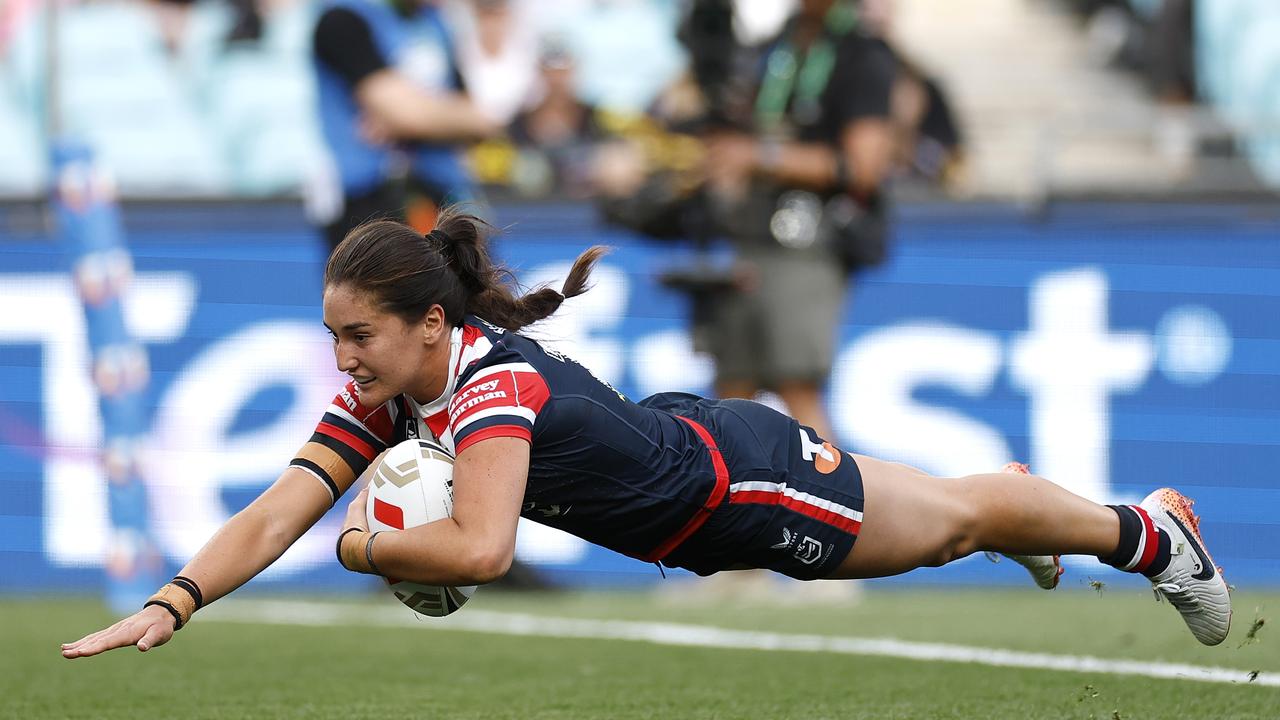 Olivia Kernick of Roosters scores a try during the NRLW Grand Final match between Sydney Roosters and Cronulla Sharks. Picture: Getty Images