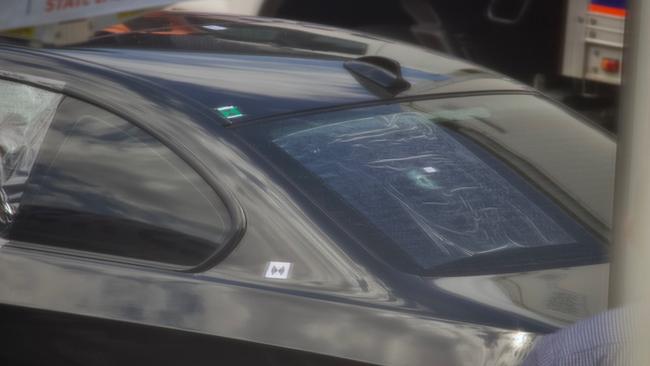 Damage from gunshots seen in Shane Bowden's BMW. Picture: J.J. Donaldson.