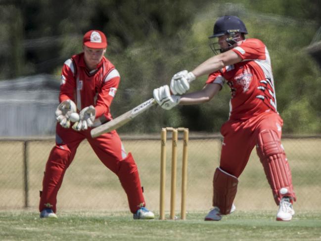 Devon Meadows batsman Kyle Salerno cuts in a WGCA game against Merinda Park. Picture: Valeriu Campan