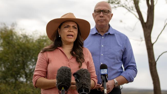 Senator Jacinta Price with Opposition Leader Peter Dutton in Alice Springs on Thursday. Picture: Liam Mendes/The Australian