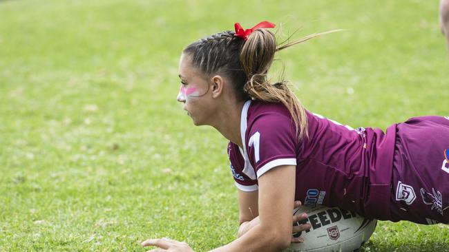 Dalby’s Allie Parker-Egel scores a try against Valley. Picture: Kevin Farmer