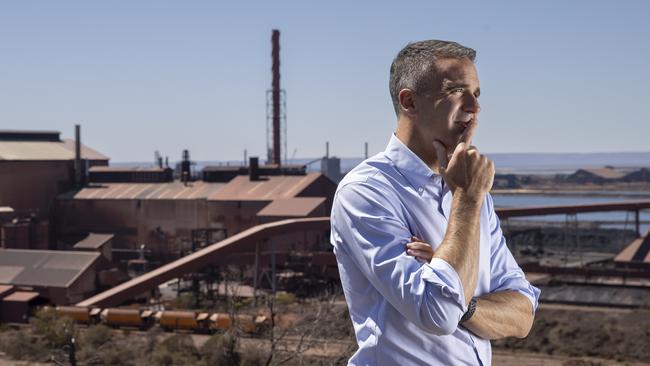 Premier Peter Malinauskas stands on Hummock Hill Lookout in Whyalla, overlooking Whyalla Steelworks . 17th February 2025 Picture: Brett Hartwig