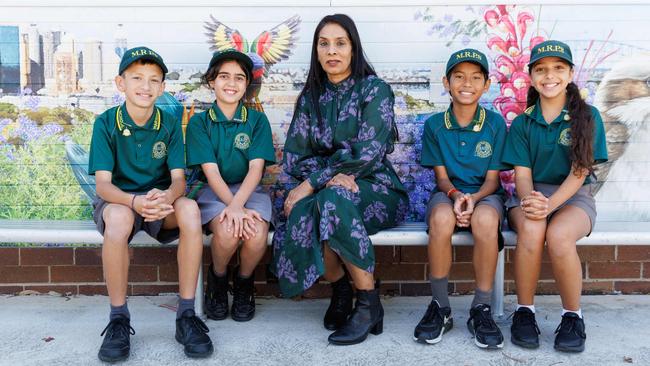 Marsden Road Public School teacher Manisha Gazula with Year 6 students (from left) Teodor Stanic, Reem Jabbado, Ethan Born and Ellie Georgiou. Picture: David Swift