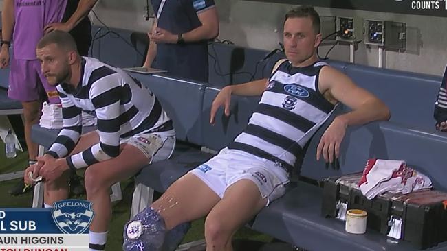 Mitch Duncan was distraught after being subbed out with injury in the first quarter. Picture: Fox Footy