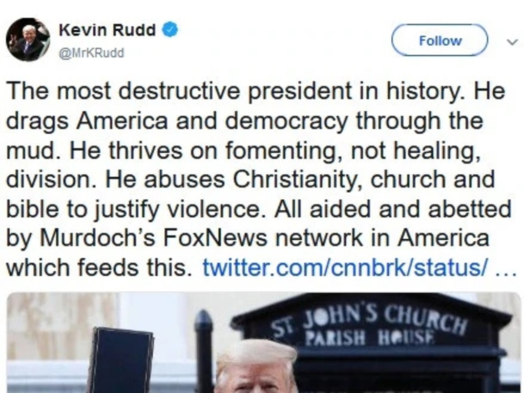 Kevin Rudd deleted past tweets he'd posted about Donald Trump after the US election. Picture: X