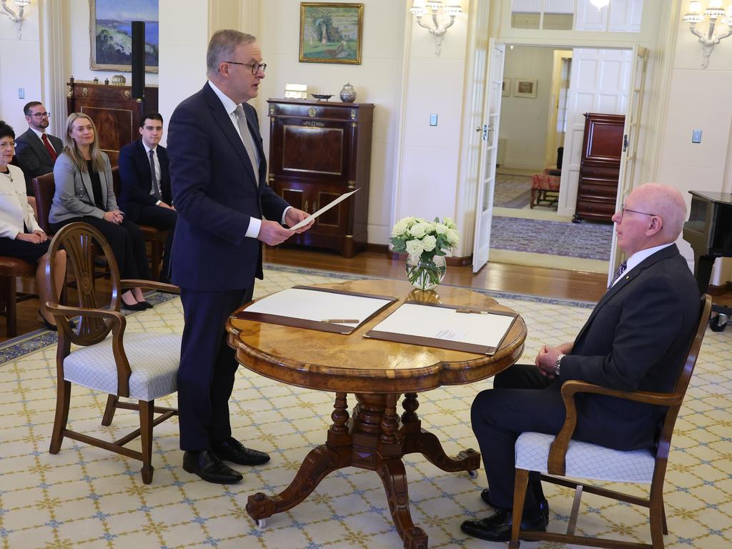 Anthony Albanese stands in front of The Governor-General, His Excellency General the Honourable David Hurley AC DSC in Canberra, Australia. Picture: Getty