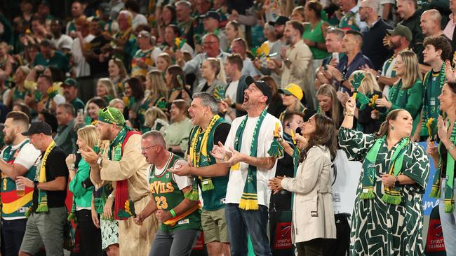 HOBART, AUSTRALIA - MARCH 28: Fans show support during game four of the NBL Championship Grand Final Series between Tasmania JackJumpers and Melbourne United at MyState Bank Arena, on March 28, 2024, in Hobart, Australia. (Photo by Kelly Defina/Getty Images)