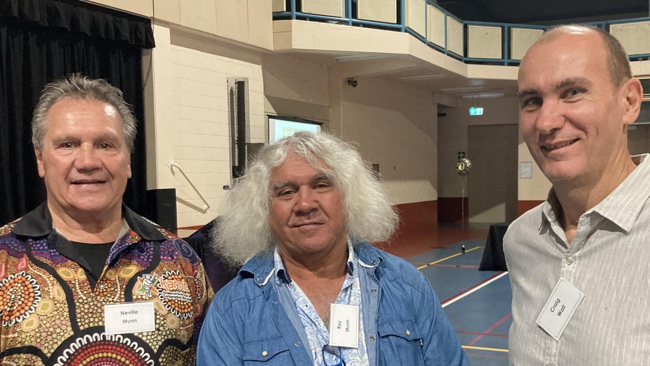 Neville Munn, Ray Munn, and Craig Wall celebrate the 50th anniversary of the Rainbows Rugby League Football Club at its golden jubilee at the Gympie Showgrounds Pavilion on the night of June 3, 2023.