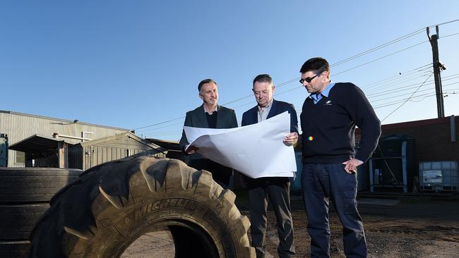 Steve Horvat, Tony Carr and Paul Walder at the side of the proposed tyre energy plant.