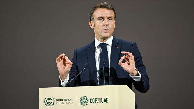 French President Emmanuel Macron says he hopes Australia lifts its nuclear power moratorium. Picture: Mahmoud Khaled / COP28 via Getty Images