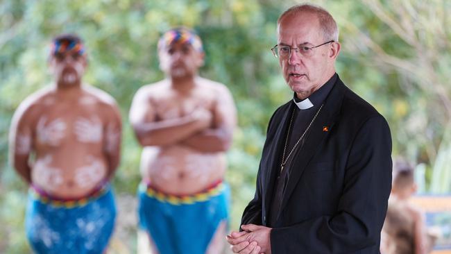 Archbishop of Canterbury Justin Welby with Indigenous dancers in Perth. Picture: Supplied.