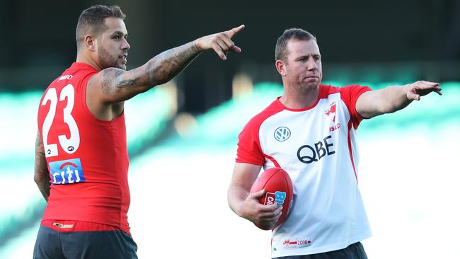 Lance Franklin and Steve Johnson during Sydney Swans training at the SCG ahead of their home game against the Giants. Picture: Phil Hillyard