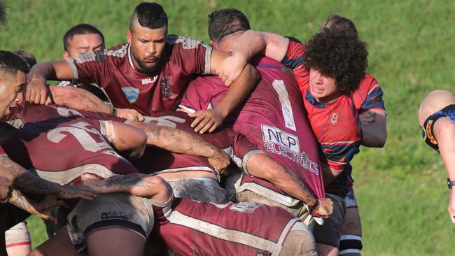 Mitchell McGreevy (red jersey) in a maul against Nerang. Picture Mike Batterham.