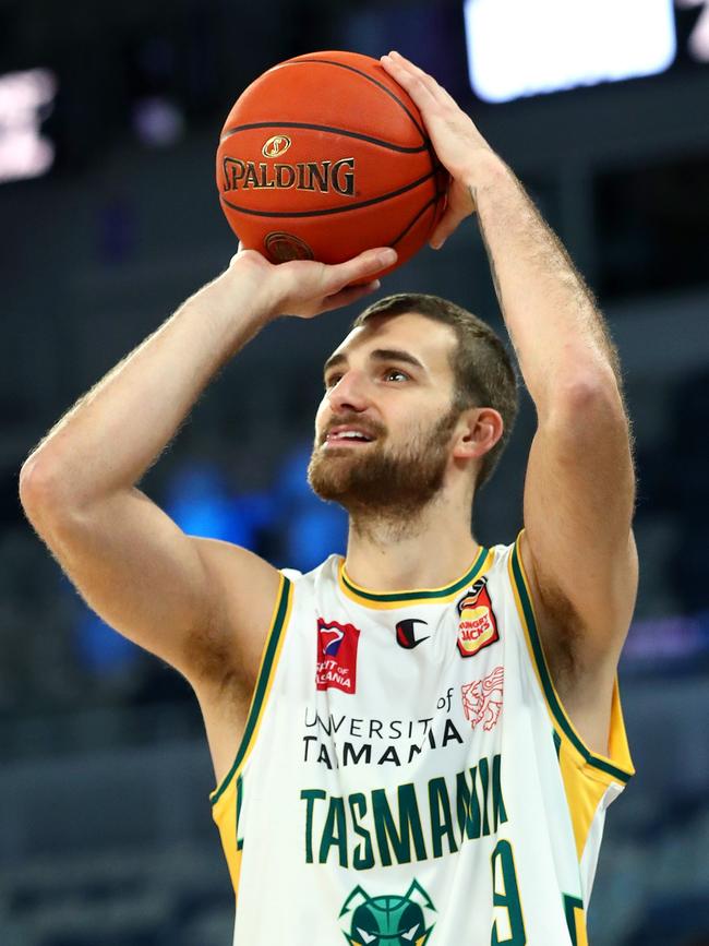 Jack McVeigh warms up before an NBL semi final series match against Melbourne United at John Cain Arena in Melbourne in May. Picture: Kelly Defina/Getty Images