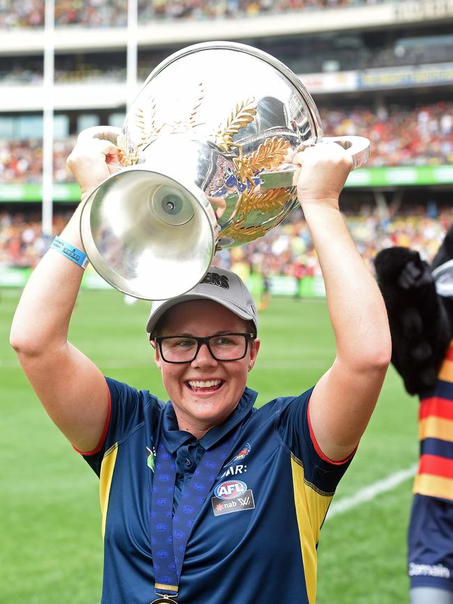 AFLW Adelaide head coach Bec Goddard with the 2017 premiership cup. Picture: Tom Huntley