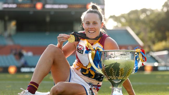 ADELAIDE, AUSTRALIA – APRIL 17: Emma Zielke of the Lions poses for a photo after the victory during the 2021 AFLW Grand Final match between the Adelaide Crows and the Brisbane Lions at Adelaide Oval on April 17, 2021 in Adelaide, Australia. (Photo by Michael Willson/AFL Photos via Getty Images)