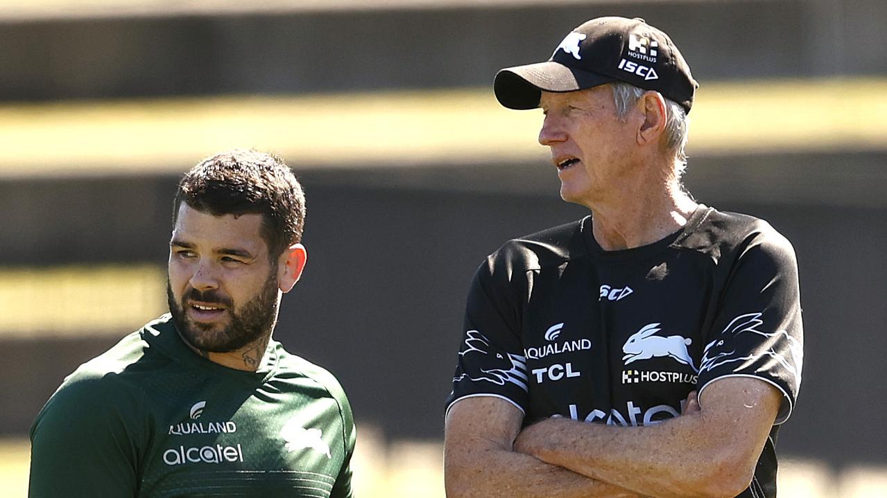 Coach Wayne Bennett with Adam Reynolds during the South Sydney Rabbitohs training session ahead of the do or die final against the Knights. Bennett is expected to be announced as this years State of Origin coach for Queensland. Picture. Phil Hillyard