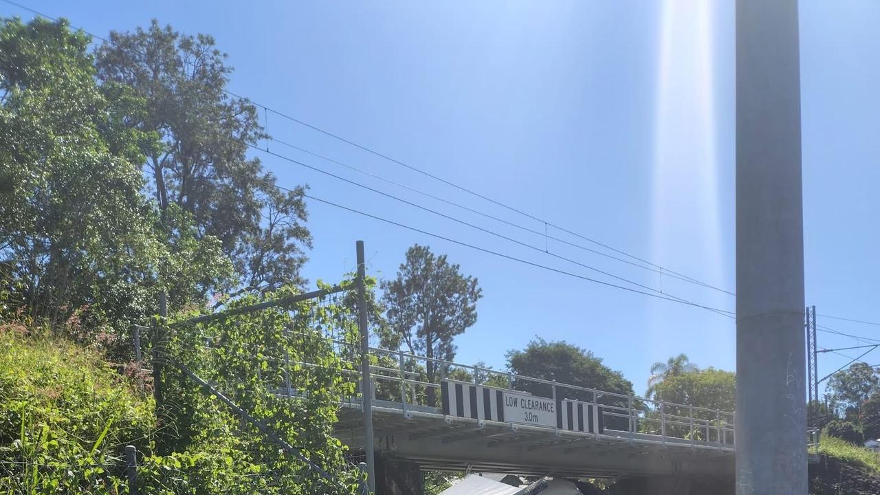 A truck has crashed into a rail bridge in Nambour, April 28, 2025.