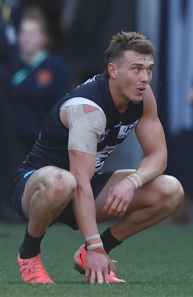 Patrick Cripps of the Blues looks dejected after Sunday’s loss to Hawthorn. Picture: Michael Willson/AFL Photos via Getty Images.