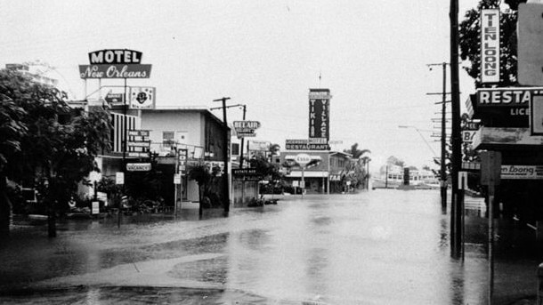 1974 flood in Cavill Avenue, Surfers Paradise. Note the ferry on the Nerang River in the background.