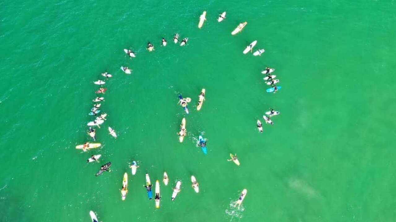 Dozens of surfers gathered at Queenscliff beach to pay tribute to Mr Sagiotis last month. Picture: Supplied